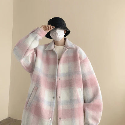 saferido Winter Thickened Woolen Coat Men Warm Fashion Thick Plaid Woolen Jacket Mens Streetwear Korean Loose Short Woolen Coat Men M-3XL