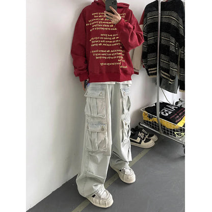 Light Blue Cargo Jeans Men's Patchwork Straight Casual Trousers Men Muti-pockets Hip Hop Streetwear Loose Fashion Pants
