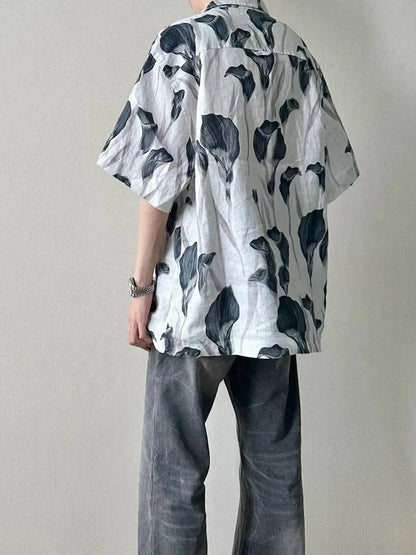 saferido Men's Shirts Y2k Print Vintage Handsome Korean Beach Style Hawaiian Single Breasted Vocation Baggy All-match Summer Short Sleeve