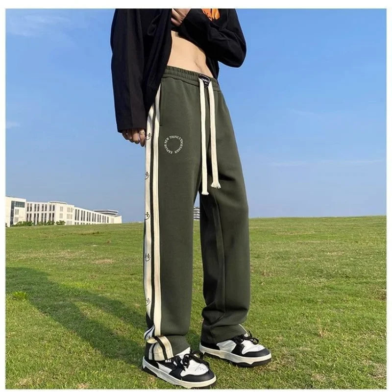 saferido American Vintage Patchwork Contrasting Sports Pants Men's Autumn Print Drawstring Trend Versatile Loose Straight Casual Trousers