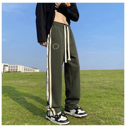 saferido American Vintage Patchwork Contrasting Sports Pants Men's Autumn Print Drawstring Trend Versatile Loose Straight Casual Trousers
