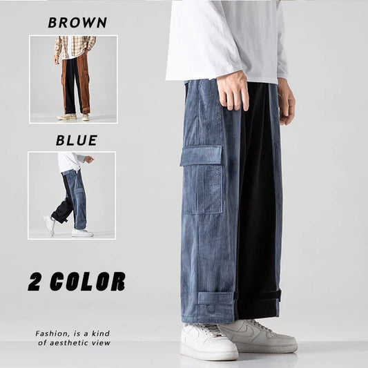 saferido Corduroy Casual Pants for Men's Loose Sports Stitching Pocket Overalls All-match Hip-hop Street Trendy Trousers Spring Autumn