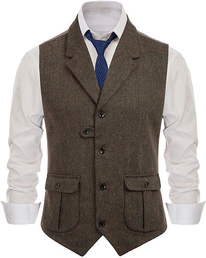 Herringbone Men's Vests Casual Suit Vest Notch Lapel with Two Pockets Herringbone Waistcoat for Wedding Groomsmen  Men Vest