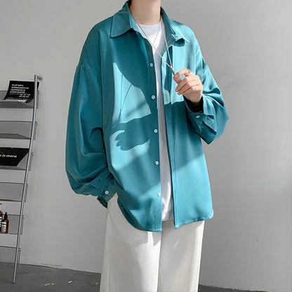 saferido Korean Fashion Ice Silk Shirts for Men Spring Summer Solid Color Long Sleeve Casual Loose Comfortable Button Up Shirt 5XL-M