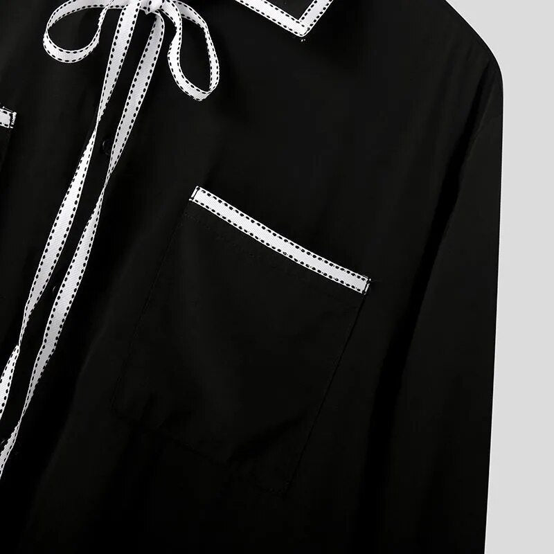 Men Casual Shirt Patchwork Lapel Long Sleeve Korean Style Men Clothing Streetwear Lace Up Elegant Shirts S-5XL