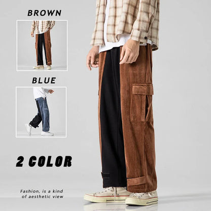 saferido Corduroy Casual Pants for Men's Loose Sports Stitching Pocket Overalls All-match Hip-hop Street Trendy Trousers Spring Autumn