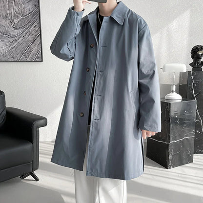 Men's Trench Coat Fashion long Windbreaker Men Solid Color Single Breasted Loose Casual Trench Man Streetwear Plus Size M-5XL