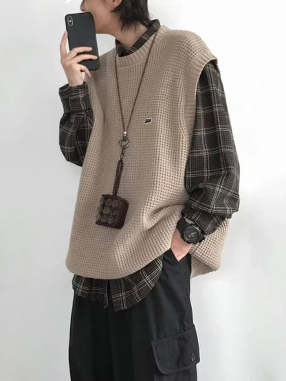 saferido Sweater Vests Men Fashion Leisure Japanese Style Vintage Chic Sleeveless All-match High Street Males Knitting Harajuku Autumn
