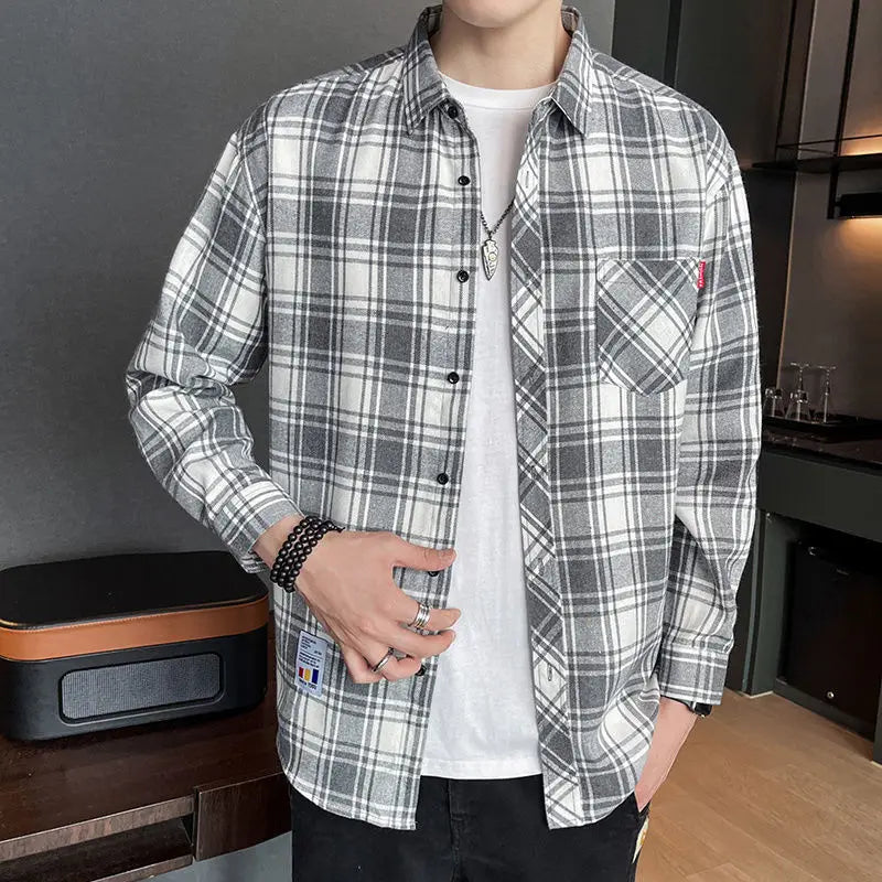 saferido Button Turn-down Collar Sven Simplicity Pockets Handsome Lattice Shirts Loose Men's Clothing Fashion Casual Spring Summer Thin