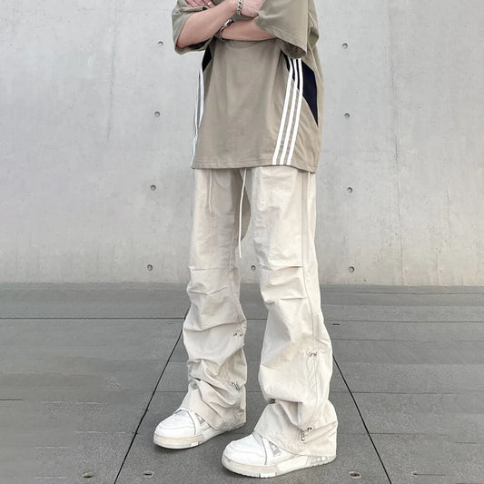 saferido Baggy Cargo Pants Men Y2k Streetwear Bright White Straight-leg Autumn Elastic Waist Wide Leg Casual Oversized Stacked Trousers