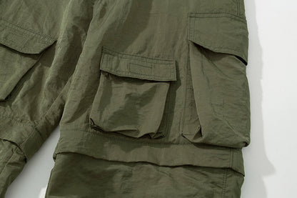 Y2K Solid Knee Detachable Multi-pockets Mens Cargo Pants Elastic Waist Straight Casual Trousers Loose Streetwear Overalls