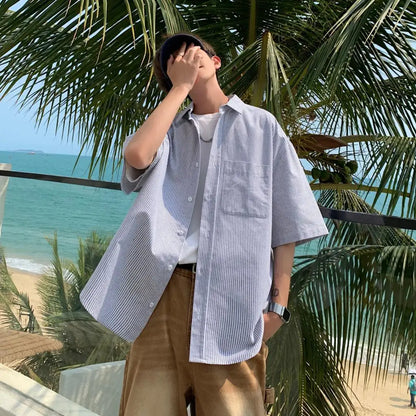 saferido -Youth Korean Fashions Cotton Striped Shirts Oversized Vintage Button Up Shirts Japanese Casual Short Sleeve Shirts