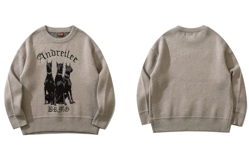 Men Vintage Sweater Y2K Streetwear Hip Hop Vintage Knitted Doberman Dog Sweaters Autumn Harajuku Fashion Retro Casual Sweaters