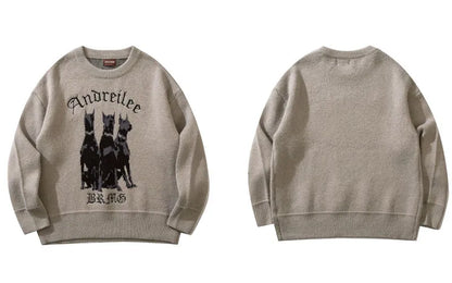 Men Vintage Sweater Y2K Streetwear Hip Hop Vintage Knitted Doberman Dog Sweaters Autumn Harajuku Fashion Retro Casual Sweaters