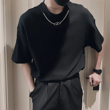 saferido Korean Style Summer Men's Silk Fabric Social T Shirts Removable Necklace Short Sleeve T-shirt Hip Hop Style Top Tshirts