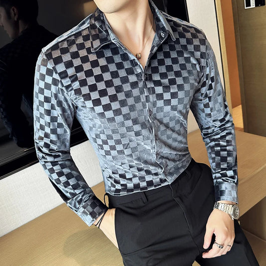 saferido Men Clothing Spring High Quality Canary Velvet Long Sleeve Shirts/Male Slim Fit Plaid Luxury Office Dress Shirts Plus Size 4XL-M
