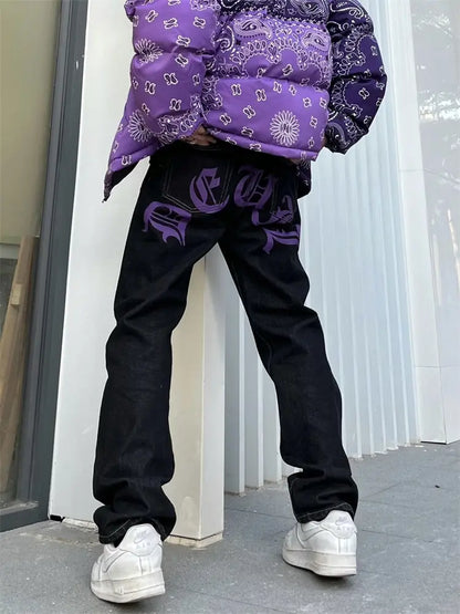 saferido Men's Y2k Jeans Cashew Flowers Purple Streetwear Casual Pants Punk Hip Hop Letter Print Baggy Harajuku Straight Denim Trousers