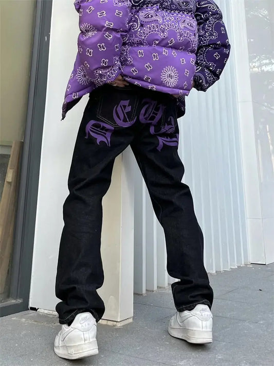 saferido Men's Y2k Jeans Cashew Flowers Purple Streetwear Casual Pants Punk Hip Hop Letter Print Baggy Harajuku Straight Denim Trousers