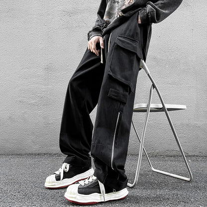 saferido American straight tube workwear pants for men, autumn trendy high street logging wide leg pants ruffled and handsome loose