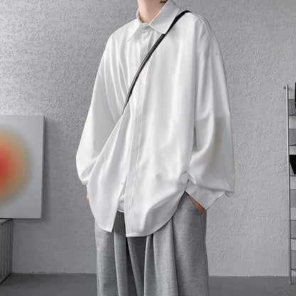 saferido Korean Fashion Ice Silk Shirts for Men Spring Summer Solid Color Long Sleeve Casual Loose Comfortable Button Up Shirt 5XL-M