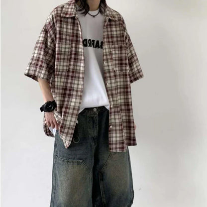Summer Retro Men Set Checkered Fashion Short Sleeved Shirt+Big Pocket Washed Denim Shorts 2-piece High Street Trendy Unisex Suit