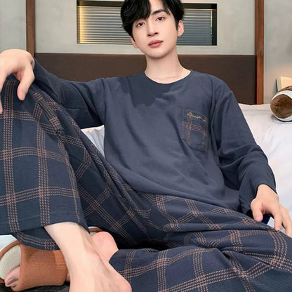 saferido Long Sleeve Pajamas Men's Spring New Cotton Plus Size Boys and Teenagers Can Wear Loungewear Outside