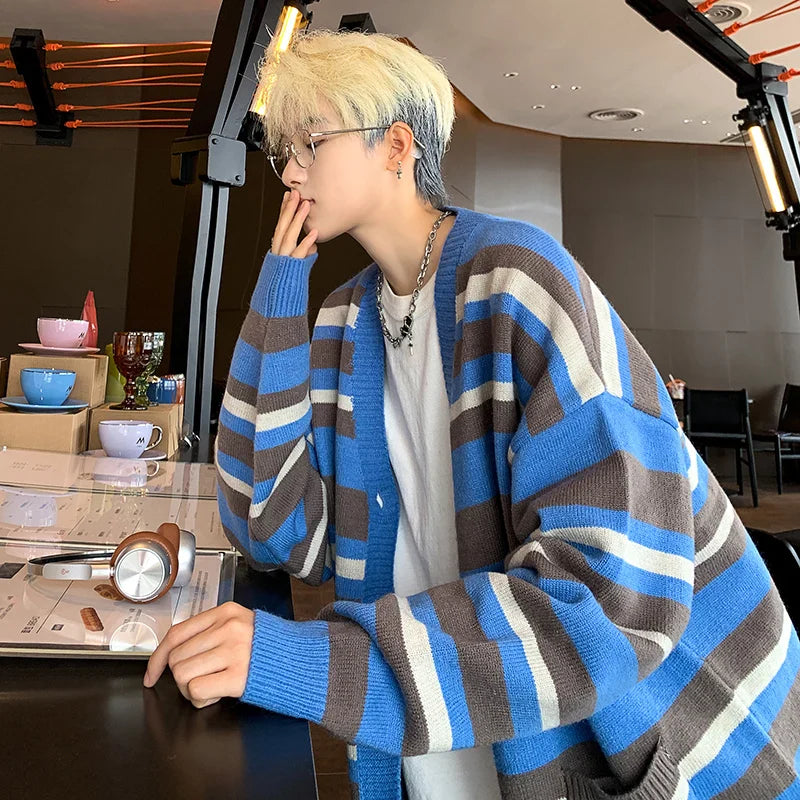 saferido Autumn Striped Cardigan Sweater Men Korean Knitted Sweater Pullover Harajuku Hip Hop Streetwear Loose Knitwear Coat Male Clothes