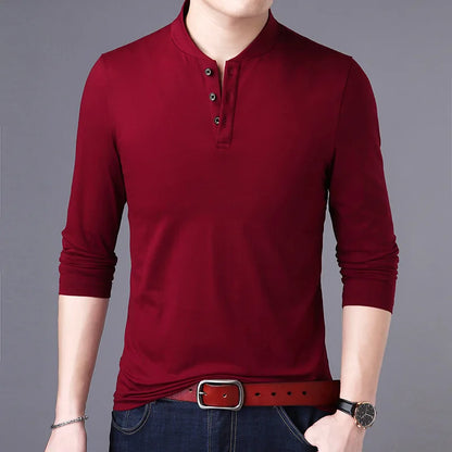 saferido New Spring Autumn Casual Men T Shirt Cotton Long Sleeve Stand Collar Tops Tees Mens Slim Fit Solid Color Tshirt Men Clothing