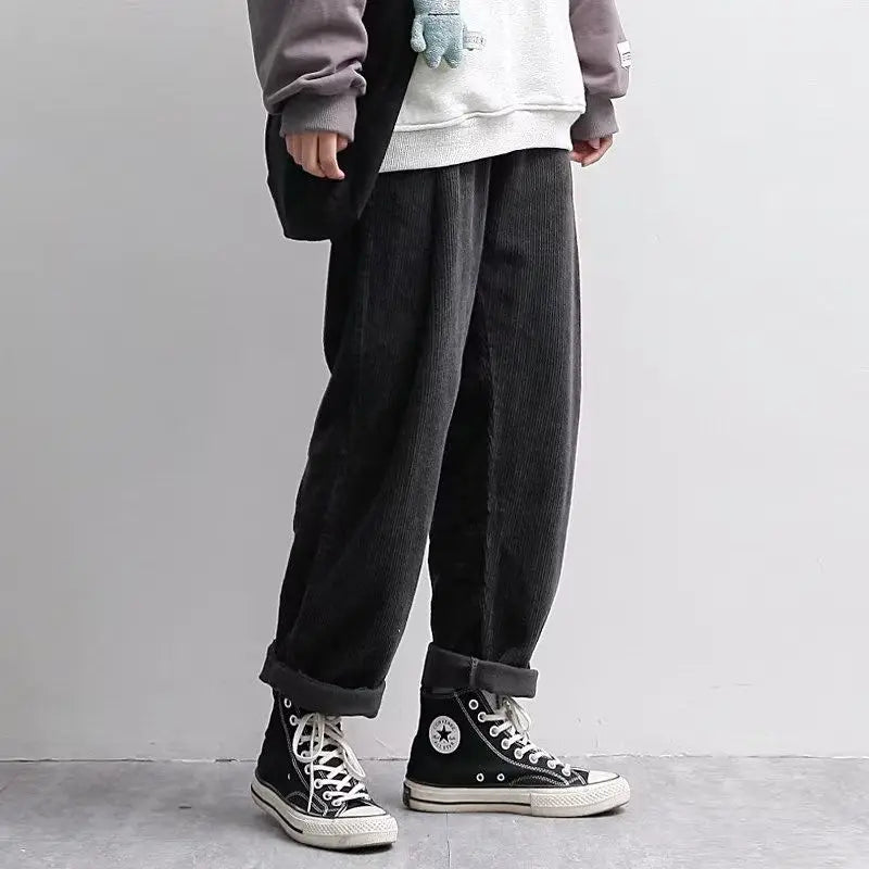 Japanese Corduroy Pants Men Autumn Loose Elastic Waist Solid Color Straight Pants Retro Casual Trousers for Men Baggy Pants