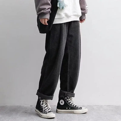 Japanese Corduroy Pants Men Autumn Loose Elastic Waist Solid Color Straight Pants Retro Casual Trousers for Men Baggy Pants