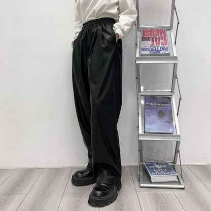 saferido Casual Drawstring PU Leather Long Pants Men Trousers Spring Fall  Loose Y2k Elastic Waist Straight Wide Leg Faux Leather Pants