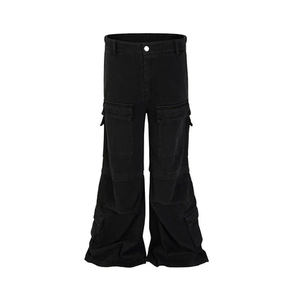 saferido High Street Multi-pockets Washed Black Cargo Pants Mens Straight Pleated Casual Baggy Overalls Oversized Loose Casual Trousers