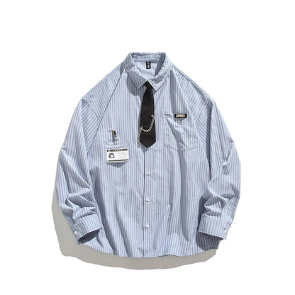saferido Blue Striped Shirt Vintage College Style Tie Chain Design Loose Casual Blouse Couple Long Sleeve Top Harajuku Male Shirts Coat