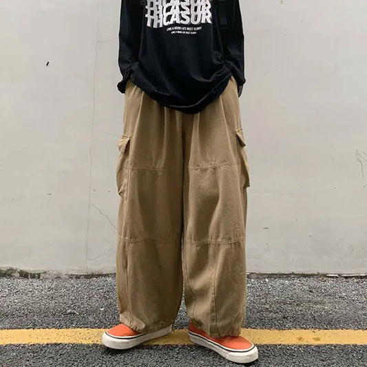 saferido Khaki Cargo Pants Men Elastic Waist Baggy Trousers Fashion Overalls Oversized Bottoms Summer Vintage Male Y2K Clothes Streetwear