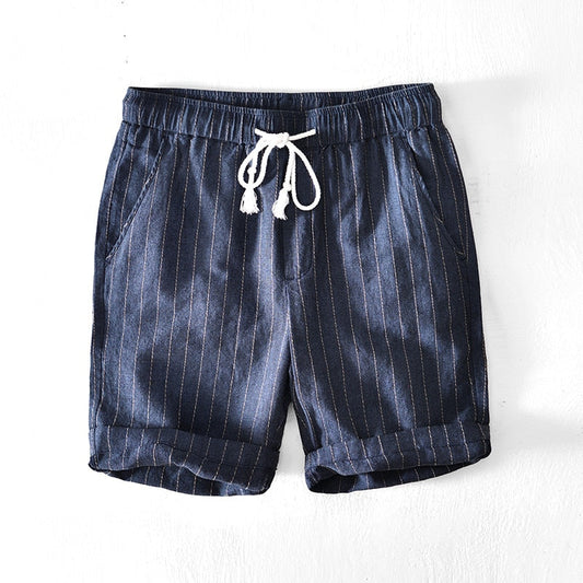 Cotton Linen Shorts for Men Fashion Striped White Loose Holiday Shorts Man Casual Plus Size Drawstring Short Pants