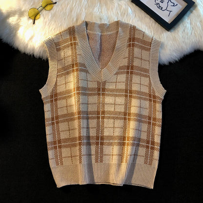 saferido Men's Knitted Sweater Vest Spring Autumn Casual Vest Korean Fashion Plaid Sleeveless Tops Knit Bottoming Shirt Male Clothes