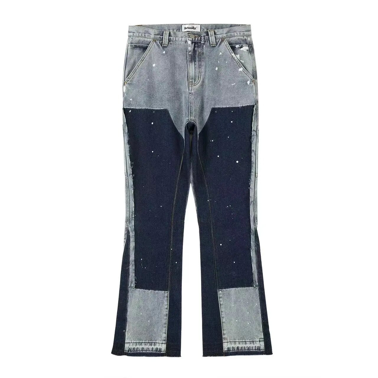 Vintage Patchwork Mens Flared Jeans Y2k Streetwear Pant  Wide Leg Hip Hop Black Colorblock Slim Fit Graffiti Denim Jeans