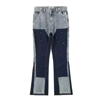 Vintage Patchwork Mens Flared Jeans Y2k Streetwear Pant  Wide Leg Hip Hop Black Colorblock Slim Fit Graffiti Denim Jeans