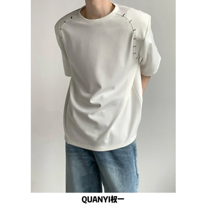 Korean Style Heavy Shoulder Pad Short Sleeve T Shirt Men Metal Niche Design Loose Casual Harajuku Solid Color Bottoming Shirt