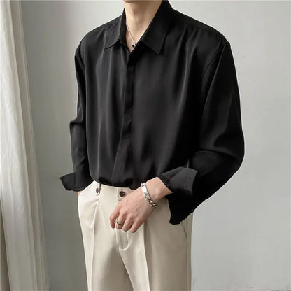 Korean Clothes Loose Solid Color Long Sleeve Button Up Shirts for Men Fashion Designer Autumn Trend Silk Drape Business Shirt