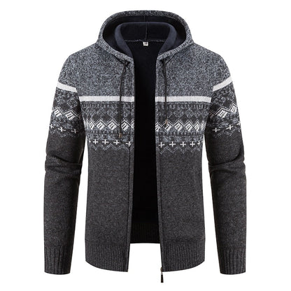 New Winter Fleece Men Sweater Cardigan Hooded Knitted Print Sweatercoat Mens Casual Warm Cardigan Zipper Hooded Cardigan Men
