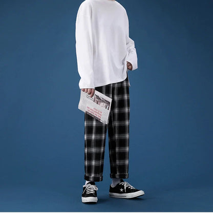 Plaid Design Vintage Pants Men Plus Size 3XL Loose Teens Couples Chic Harajuku Japanese Style All-match Straight Trousers Simple