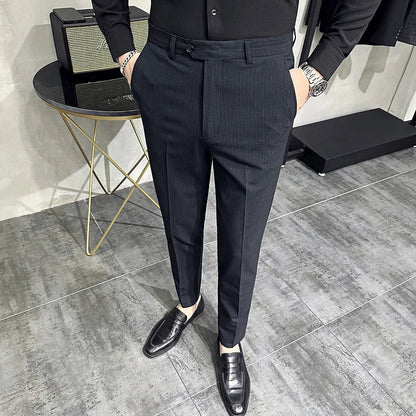 saferido Korean style Fashion Striped Suit Pants for Men Formal Business Dress Pants Korean Slim Fit Classic Casual Trousers 36 38