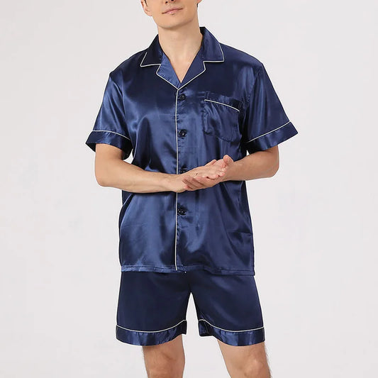 Men Pajama Sets Ice Silk Satin Short Sleeve Shirt+Shorts 2Pcs Suit Summer Thin Sleepwear Solid Color Male Casual Home Clothes