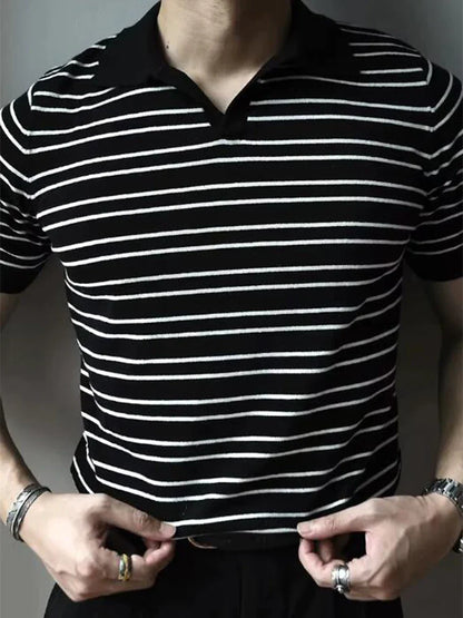 Vintage Striped Knit Polo Shirts Men Short Sleeve Casual Tops Spring Summer Mens Fashion Buttoned Turn-down Collar Slim T Shirt