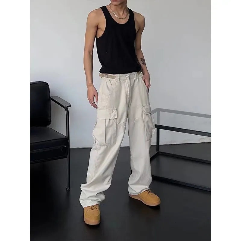 saferido Japanese cityboy heavy cotton overalls wide leg pants European and American street high waist slim hiphop big mouth bag fashion