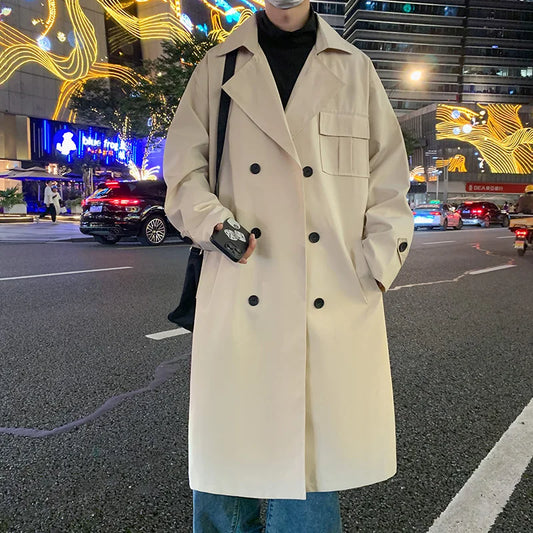 saferido Korean style Autumn New Trench Coat Male Pocket Decor Streetwear Windbreaker Trenchcoat Men Solid Casual Loose Office Overcoat