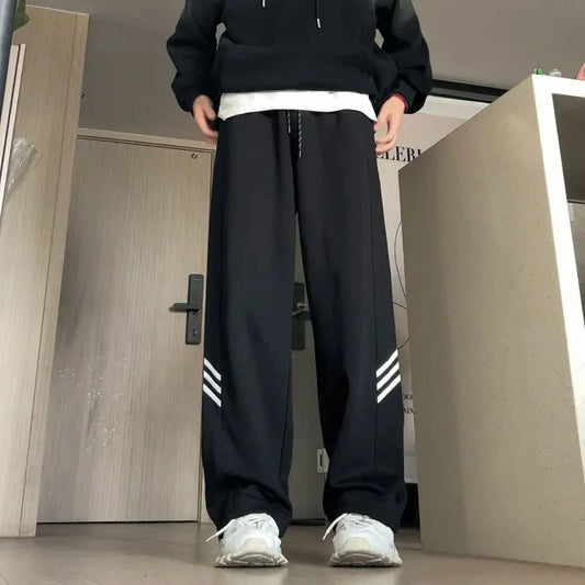 saferido American Trendy Vintage Summer Loose Sports Wide Leg Pants Men Pocket Striped Elastic Wait Drawstring Casual Straight Trousers