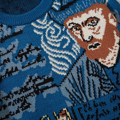 High Street Knitted Sweater Men Van Gogh Graffiti Print Sweaters Cotton Harajuku Loose Padded Pullover Women Streetwear Autumn