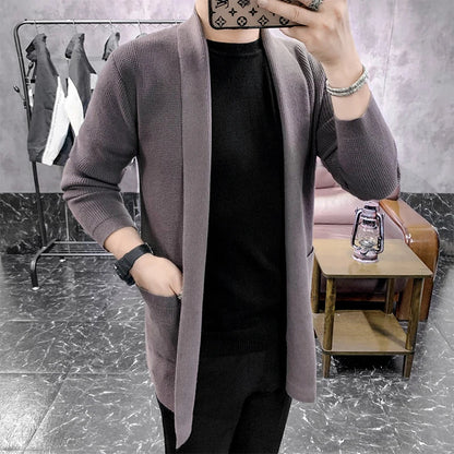 New Mid Length Cardigan Men Spring Autumn Kintted Mens Sweatercoat Fashion Slim Casual Solid Color Knitting Cardigan Outerwear